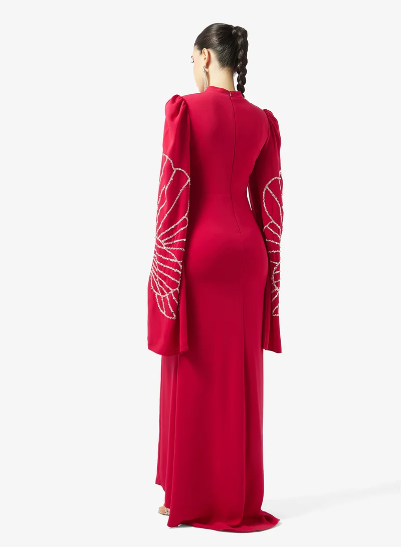 Akadia Fashion BEADED WIDE SLEEVES CREPE DRESS
